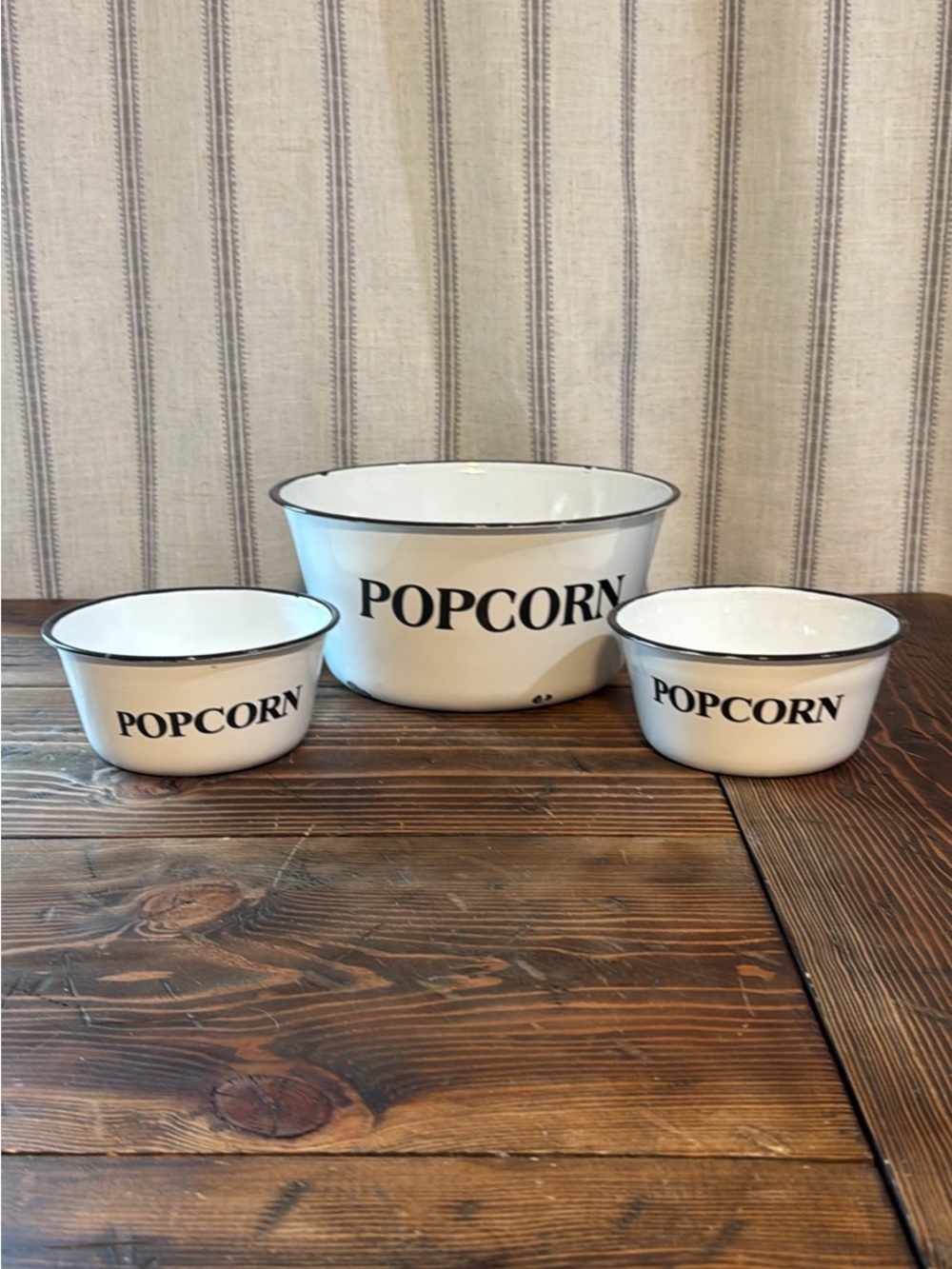 White Enamel Popcorn Bowls (Set of 3)